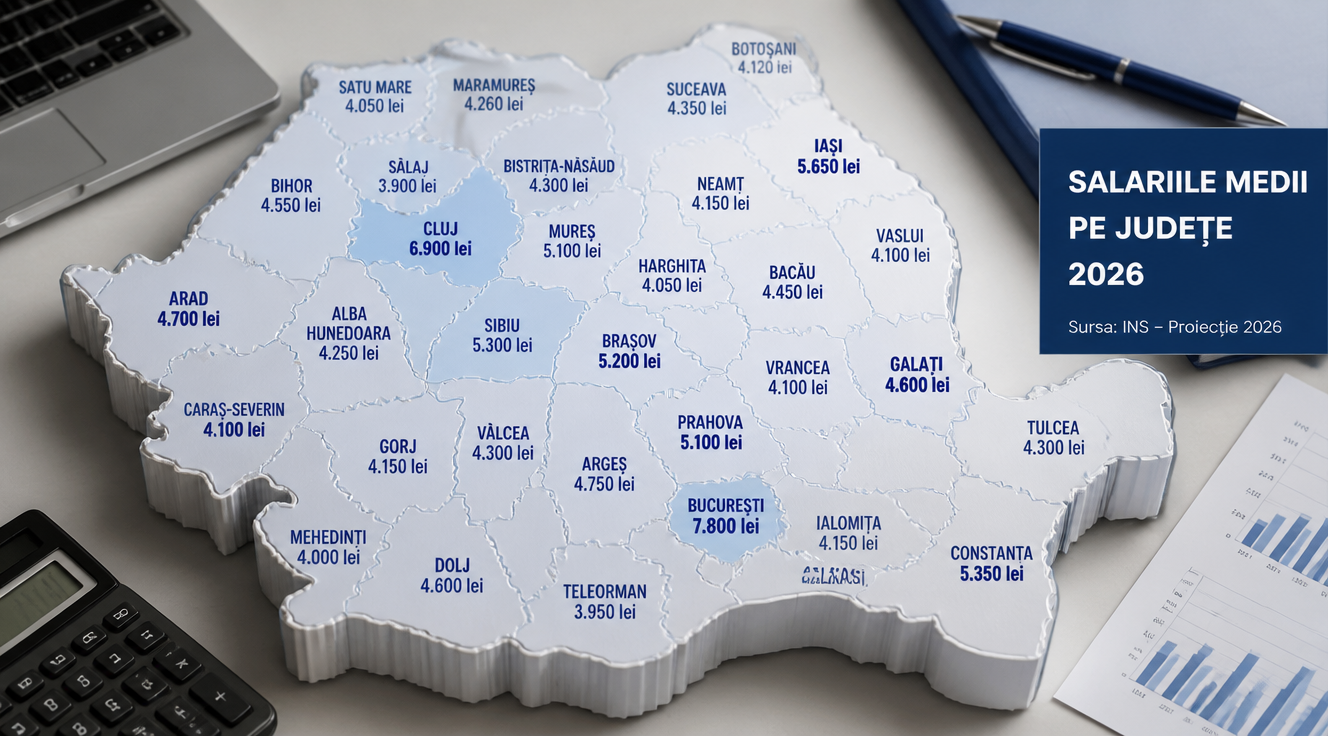 Salariile medii pe județe: harta actualizată pentru 2026